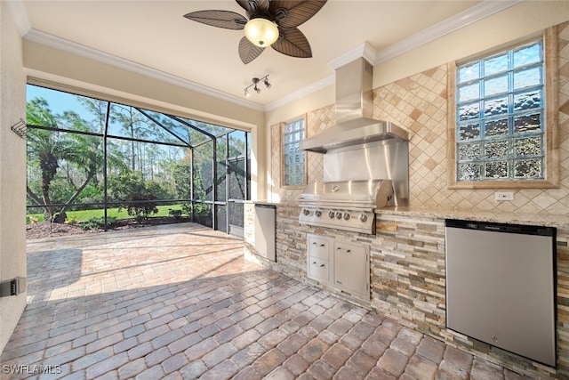 view of patio with a grill, ceiling fan, glass enclosure, and exterior kitchen