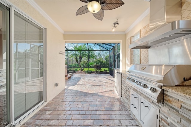 view of patio featuring ceiling fan, a grill, and a lanai