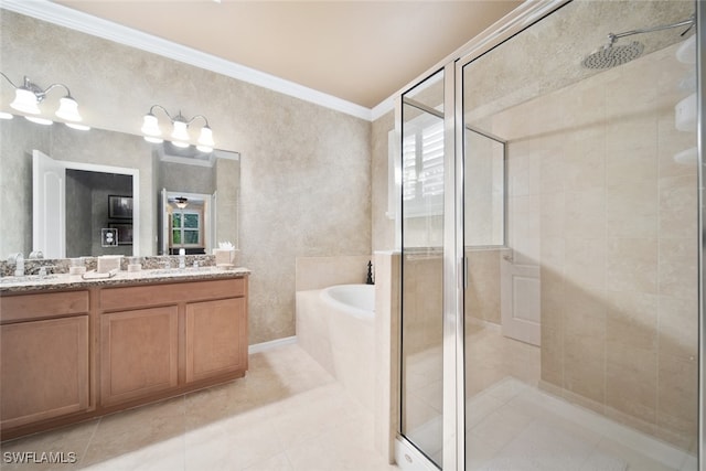 bathroom featuring tile patterned floors, a healthy amount of sunlight, shower with separate bathtub, and ornamental molding