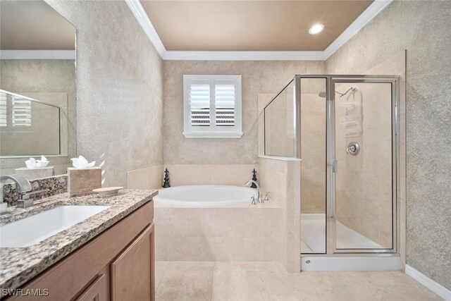 bathroom with vanity, separate shower and tub, and crown molding