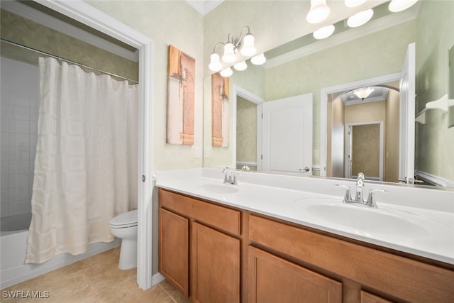 full bathroom with tile patterned floors, toilet, shower / bath combo with shower curtain, vanity, and ornamental molding