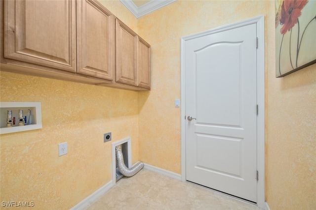 washroom featuring cabinets, crown molding, washer hookup, light tile patterned floors, and hookup for an electric dryer