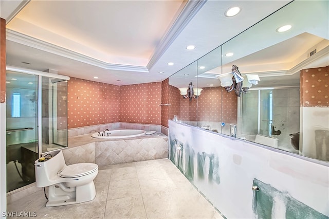 full bathroom with plus walk in shower, tile floors, vanity, toilet, and a raised ceiling