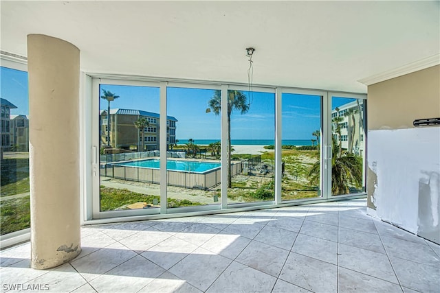 interior space with a water view