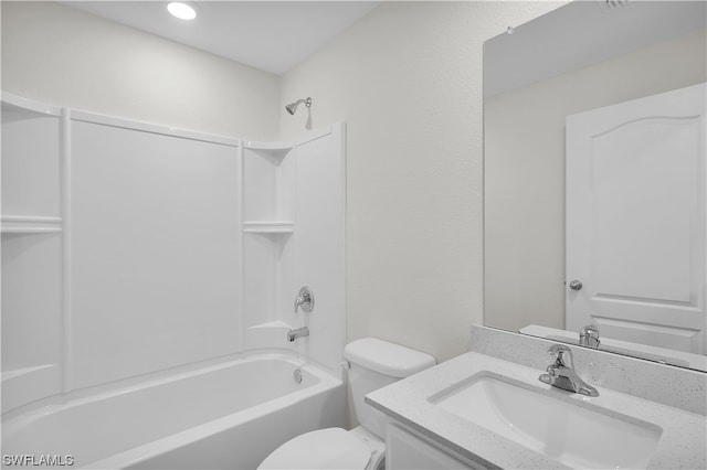 full bathroom featuring shower / tub combination, toilet, and vanity