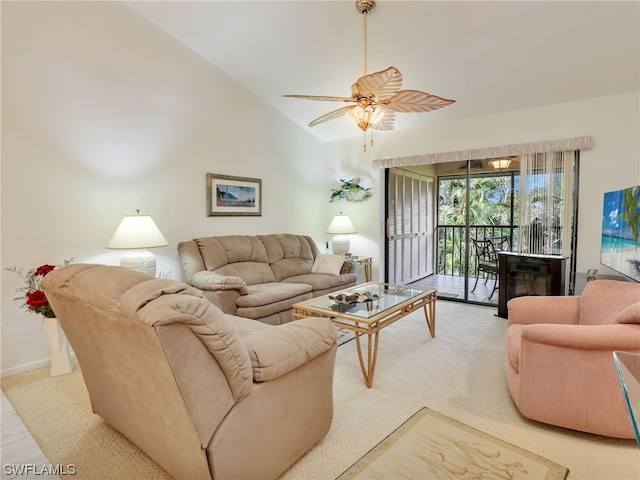 living room featuring light carpet, high vaulted ceiling, and ceiling fan