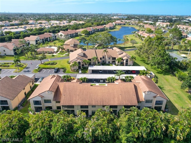 drone / aerial view featuring a water view