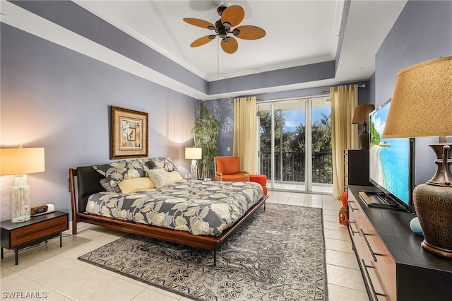 tiled bedroom featuring a raised ceiling, ceiling fan, and crown molding