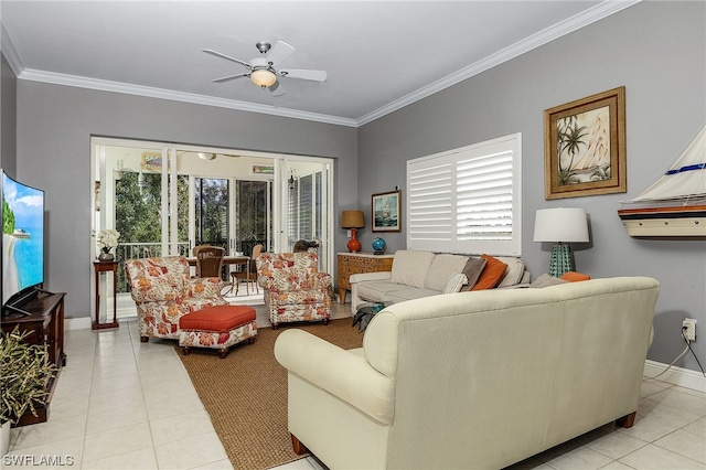 tiled living room with ceiling fan and ornamental molding