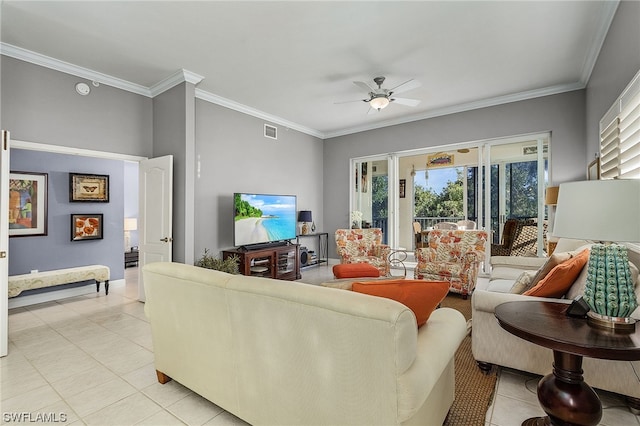 living room featuring ceiling fan and ornamental molding