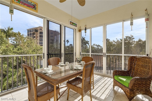 sunroom featuring ceiling fan