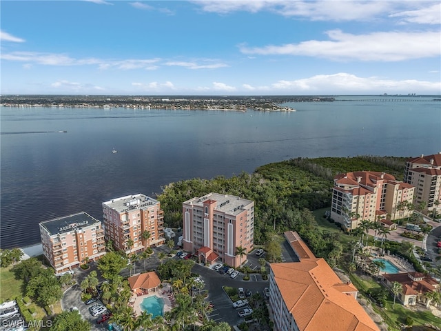 drone / aerial view with a water view