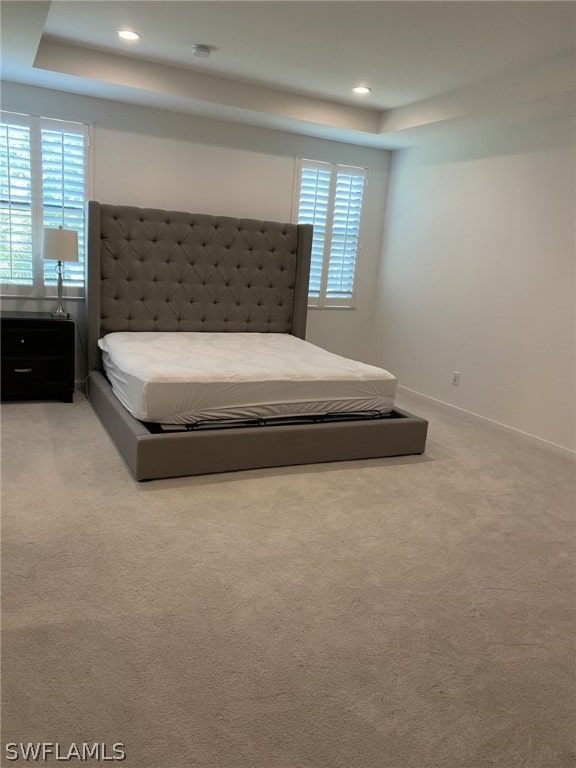 unfurnished bedroom featuring a tray ceiling and carpet