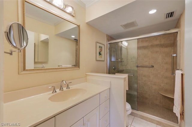 bathroom with toilet, crown molding, an enclosed shower, tile flooring, and oversized vanity