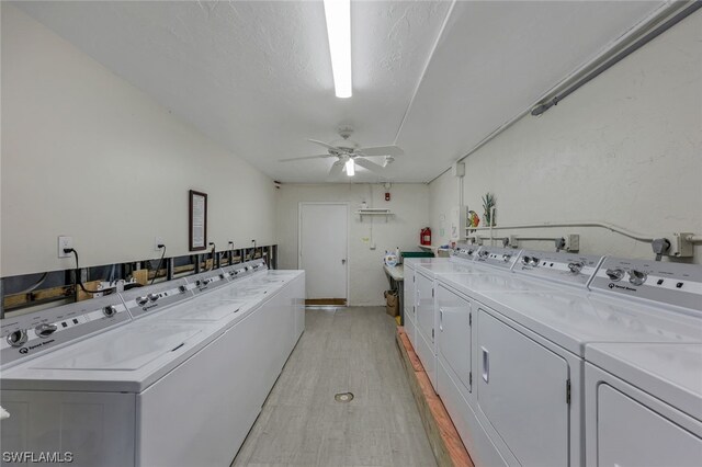 washroom with light hardwood / wood-style flooring, ceiling fan, and washer and clothes dryer