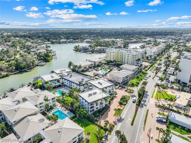 drone / aerial view featuring a water view