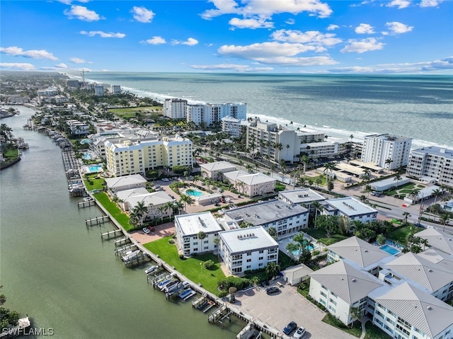 bird's eye view with a water view