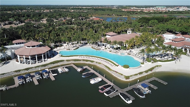 birds eye view of property featuring a water view