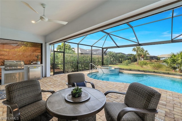 view of swimming pool with a grill, ceiling fan, an in ground hot tub, a patio, and area for grilling