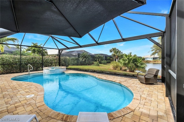 view of pool with a patio area, an in ground hot tub, and a lanai