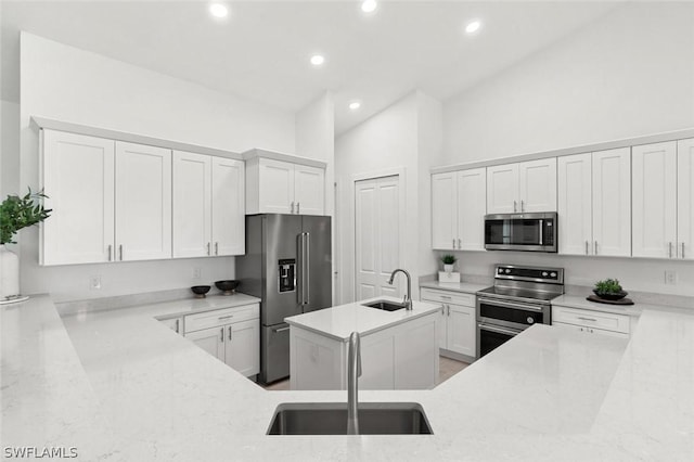 kitchen with appliances with stainless steel finishes, a sink, and light stone countertops