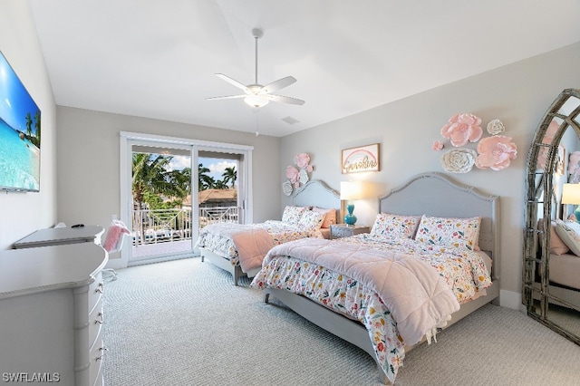 bedroom with light carpet, ceiling fan, and access to outside