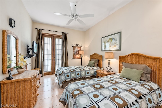 bedroom with light tile floors, ceiling fan, and french doors