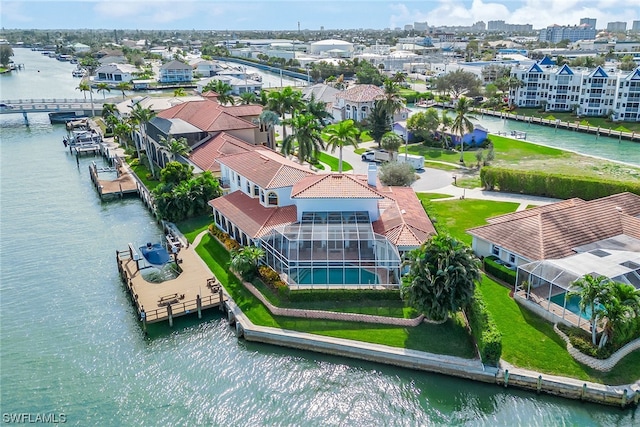 bird's eye view with a water view