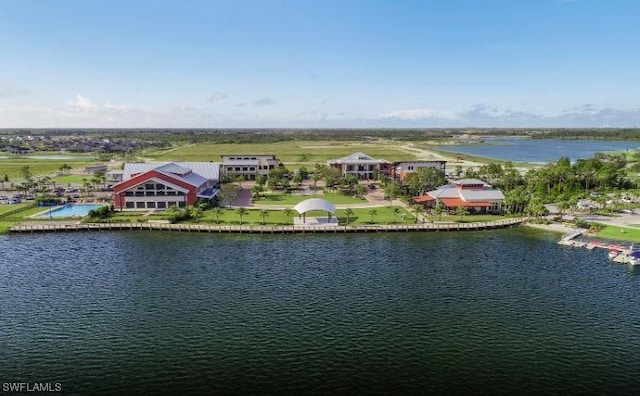 drone / aerial view featuring a water view