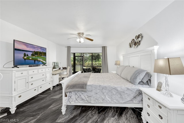 bedroom with access to exterior, ceiling fan, and dark wood-type flooring