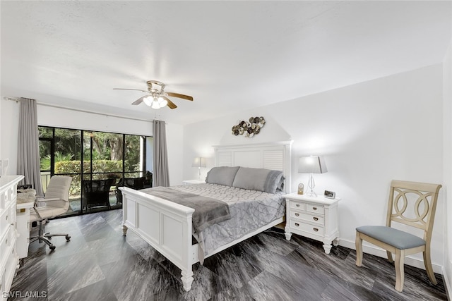 bedroom with ceiling fan, baseboards, and access to exterior