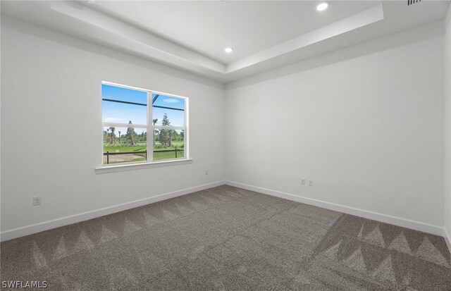 carpeted spare room with a tray ceiling