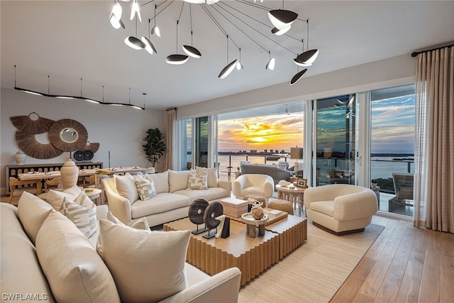 living room featuring a water view and light hardwood / wood-style flooring