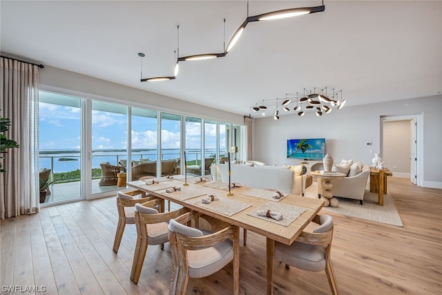 dining room with light hardwood / wood-style flooring and a water view