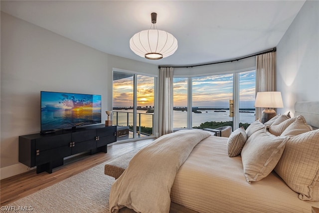 bedroom with a water view, access to exterior, and light wood-type flooring