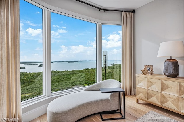 sitting room featuring a water view and light hardwood / wood-style flooring