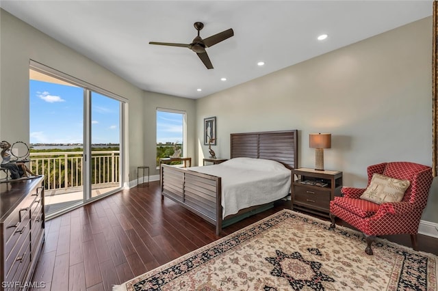 bedroom with access to exterior, ceiling fan, and dark wood-type flooring