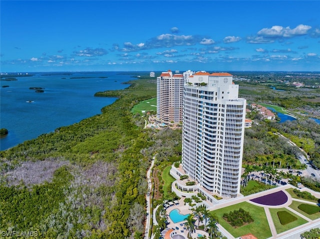 aerial view featuring a water view