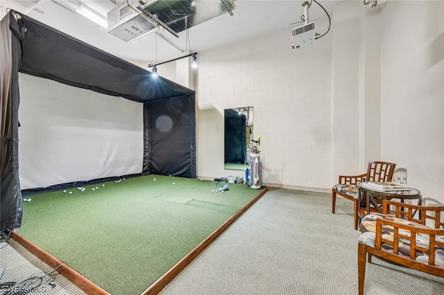 playroom with carpet flooring and golf simulator