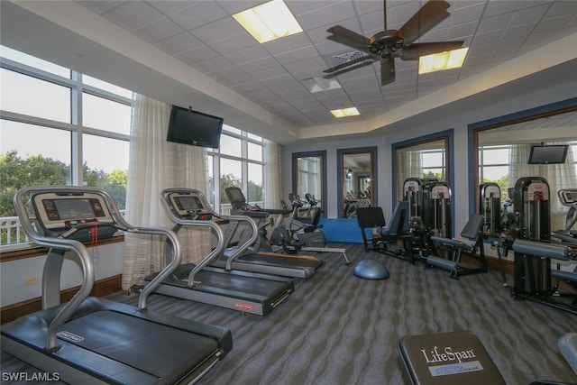 workout area featuring a drop ceiling, ceiling fan, and a wealth of natural light