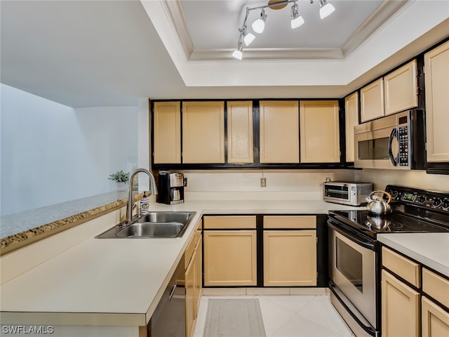 kitchen featuring a tray ceiling, track lighting, sink, stainless steel appliances, and ornamental molding