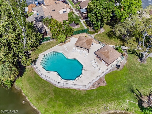 drone / aerial view featuring a water view