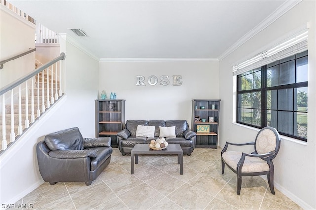 tiled living room with crown molding