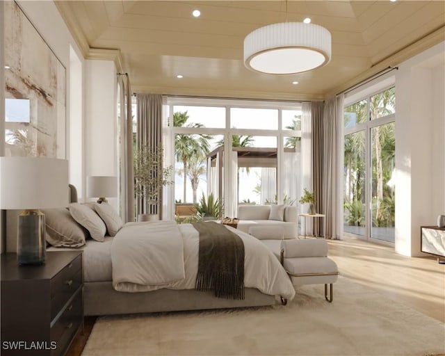 bedroom featuring access to exterior, multiple windows, and recessed lighting