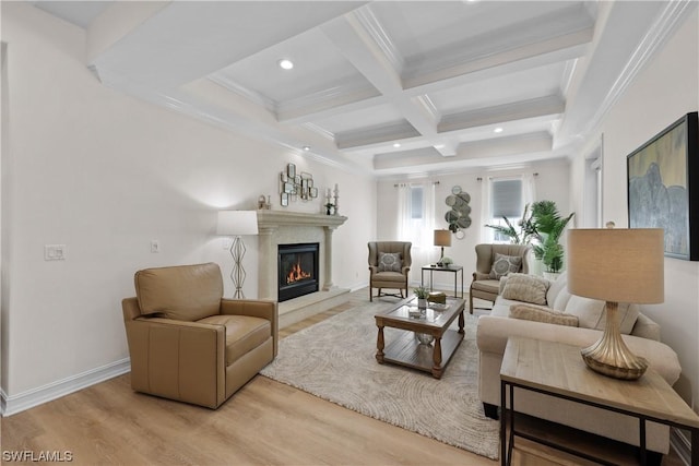 living room featuring beamed ceiling, crown molding, coffered ceiling, and light hardwood / wood-style flooring