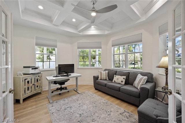 office space featuring french doors, coffered ceiling, ceiling fan, beam ceiling, and light hardwood / wood-style flooring