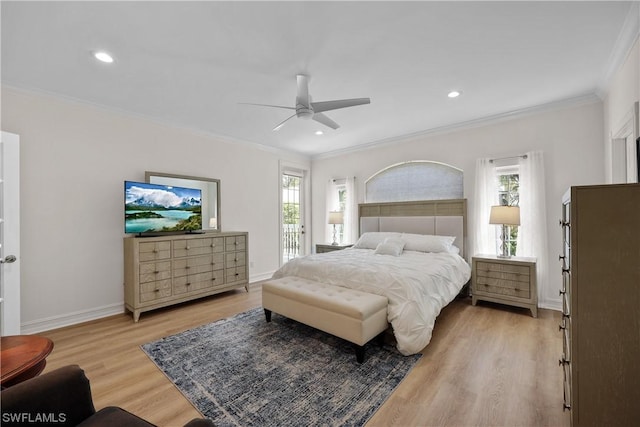 bedroom with multiple windows, light wood-type flooring, and ceiling fan