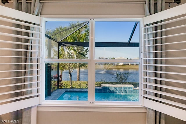 interior details with a water view