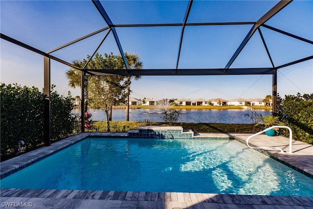 view of swimming pool featuring pool water feature and glass enclosure