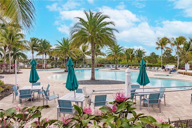 view of swimming pool featuring a patio area